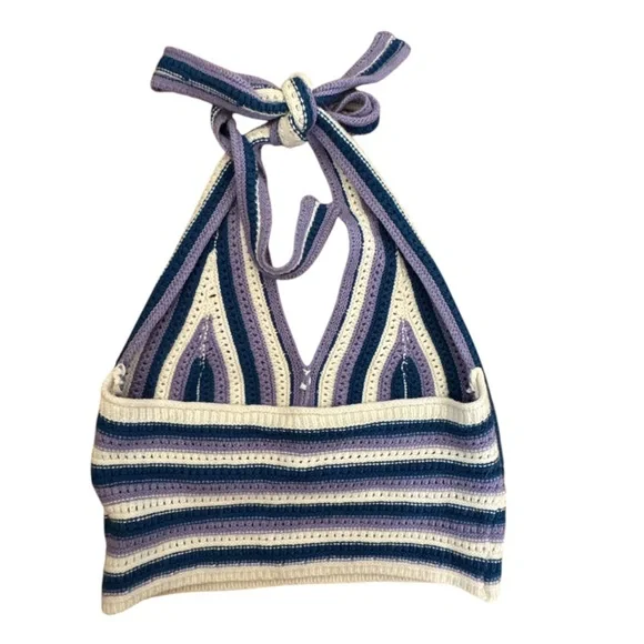 Y2K Crochet Halter Top Purple Blue Stripe Tie Front Festival Aesthetic Large - Picture 2 of 6